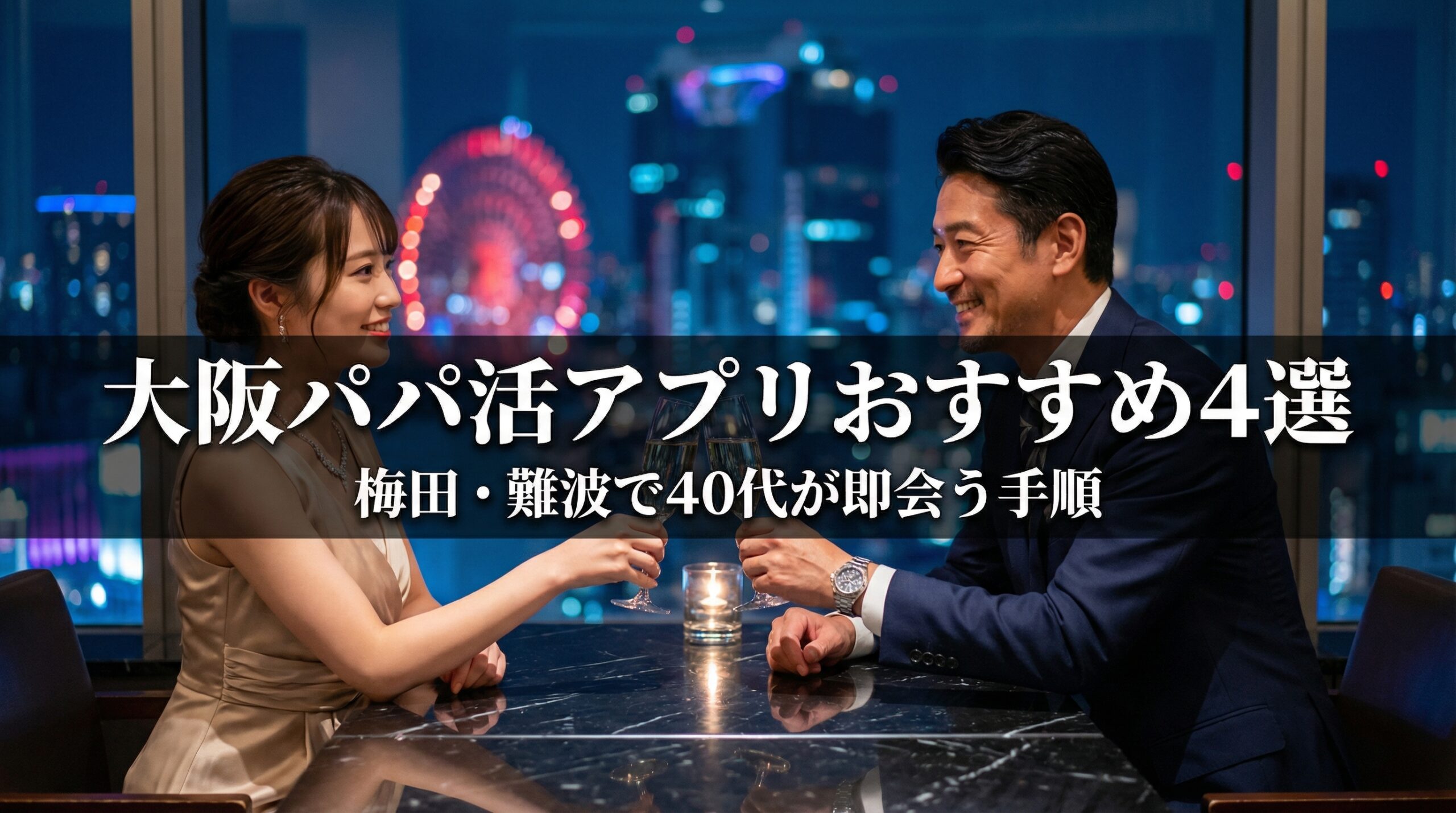 大阪の夜景をバックにラウンジで乾杯する40代男性と20代女性。梅田・難波エリアでのパパ活デートをイメージした高級感のあるアイキャッチ。