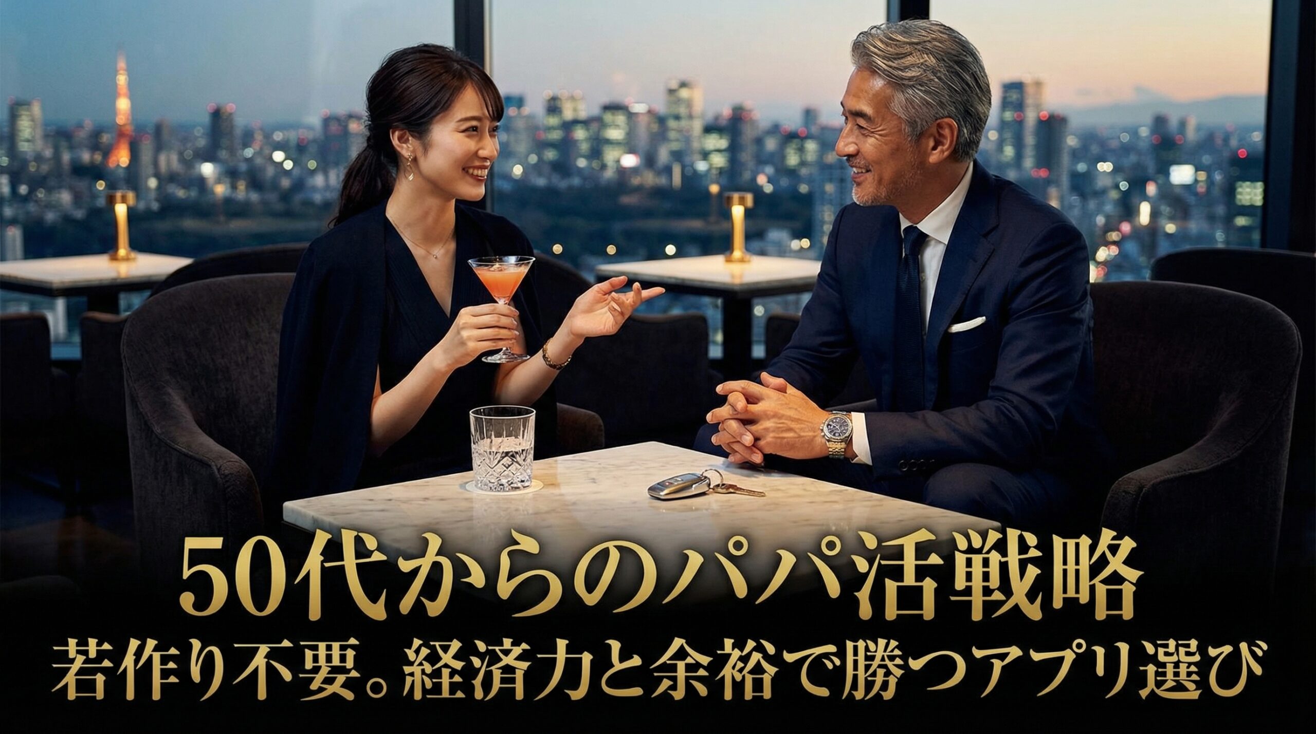 高級ホテルのラウンジバーで、スーツ姿の50代男性が20代の女性と優雅に会話を楽しんでいる様子。男性の手元にはスマートキーがあり、経済的余裕と大人の魅力を象徴している。
