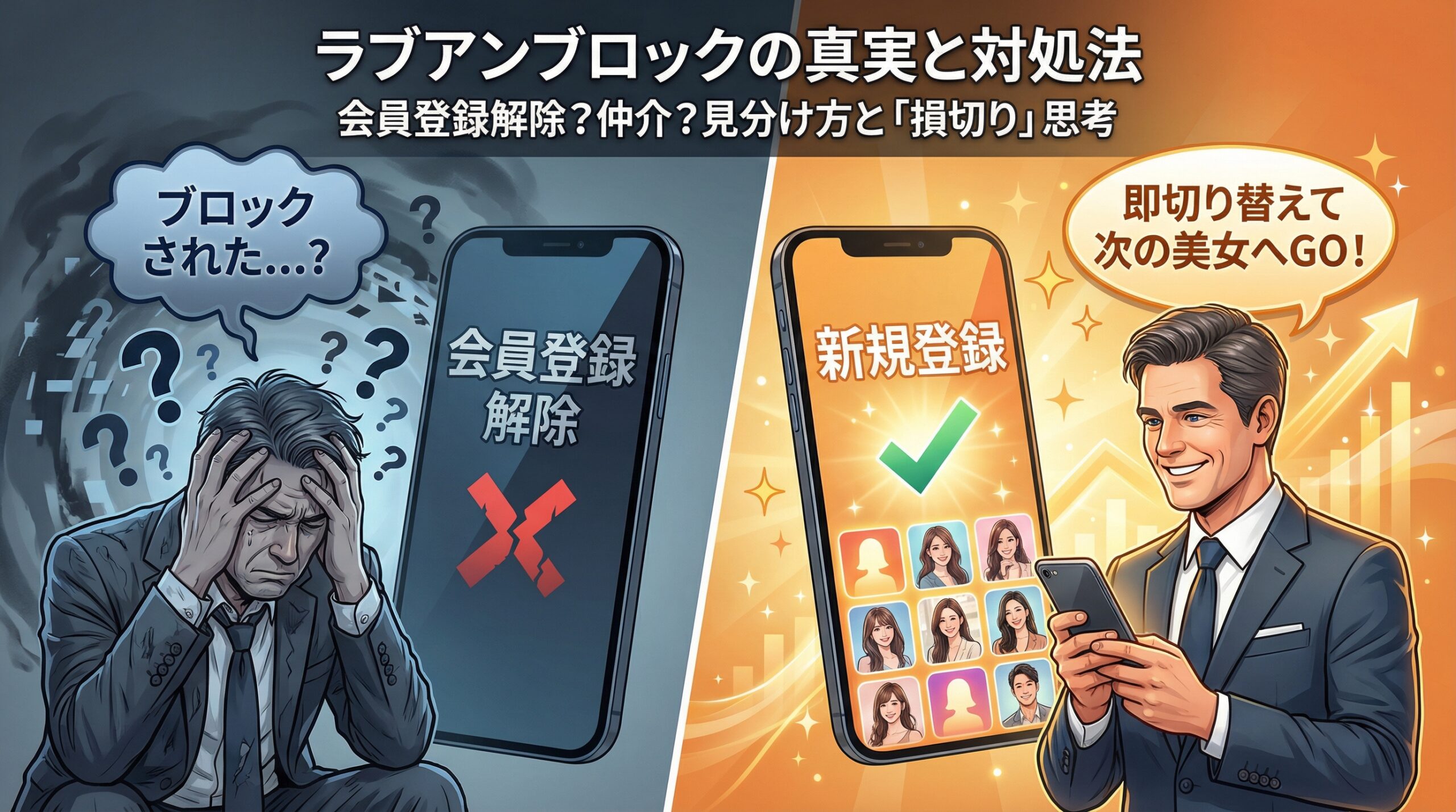ラブアンでブロックされた時の「退会済み」表示のスマホ画面と、それを見て落ち込む男性、そして次の出会いへ切り替えて成功するポジティブな未来の対比イメージ。「ブロックの真実と対策」という文字入り。