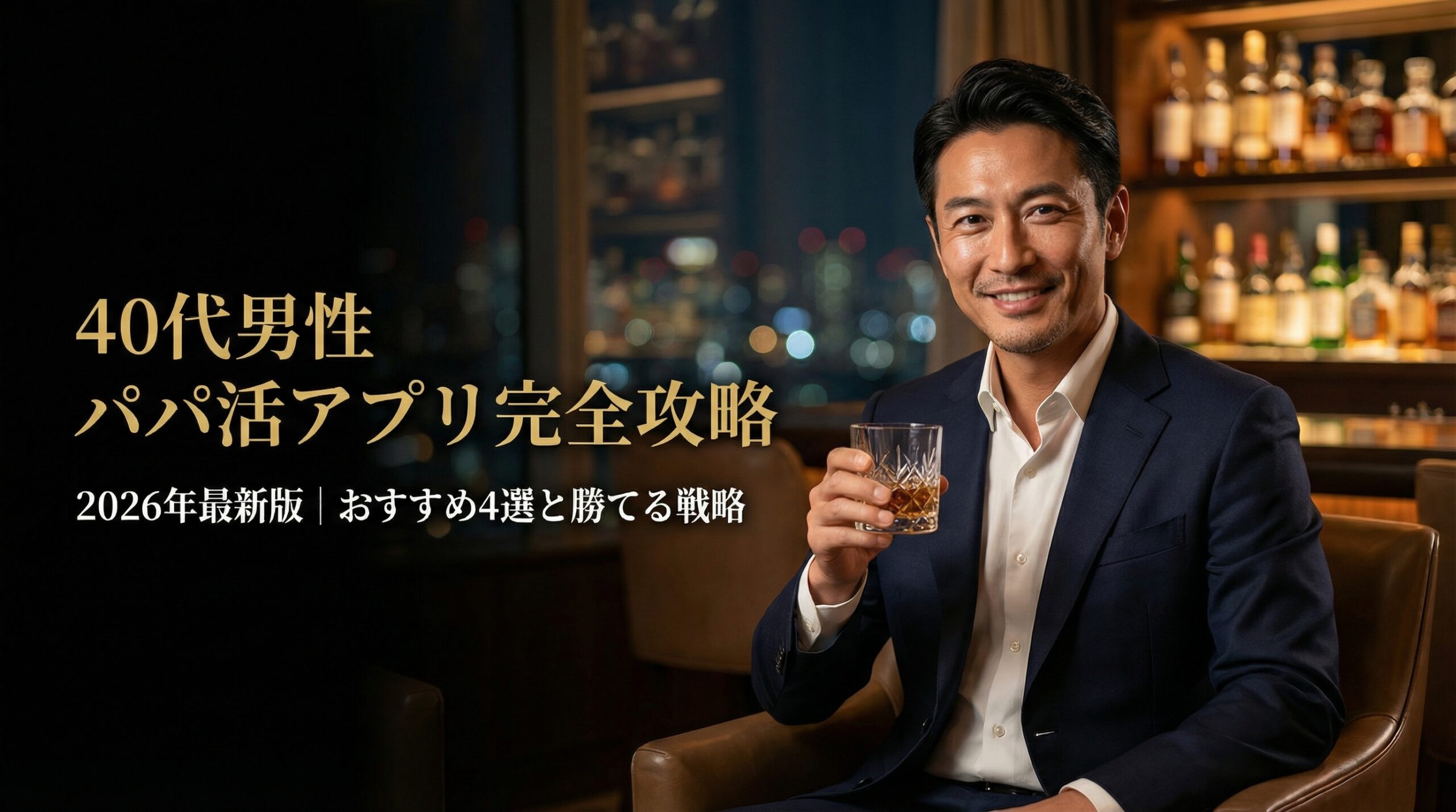 40代男性がパパ活アプリで20代女性と出会い、余裕のあるデートを楽しんでいるイメージ画像。2026年最新のパパ活戦略。