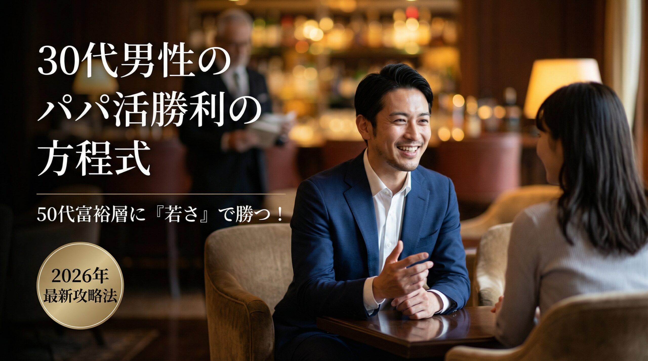 30代男性がパパ活アプリで50代富裕層に勝つための戦略イメージ。若さと清潔感を武器に、コスパ良く女性とデートを楽しむ様子