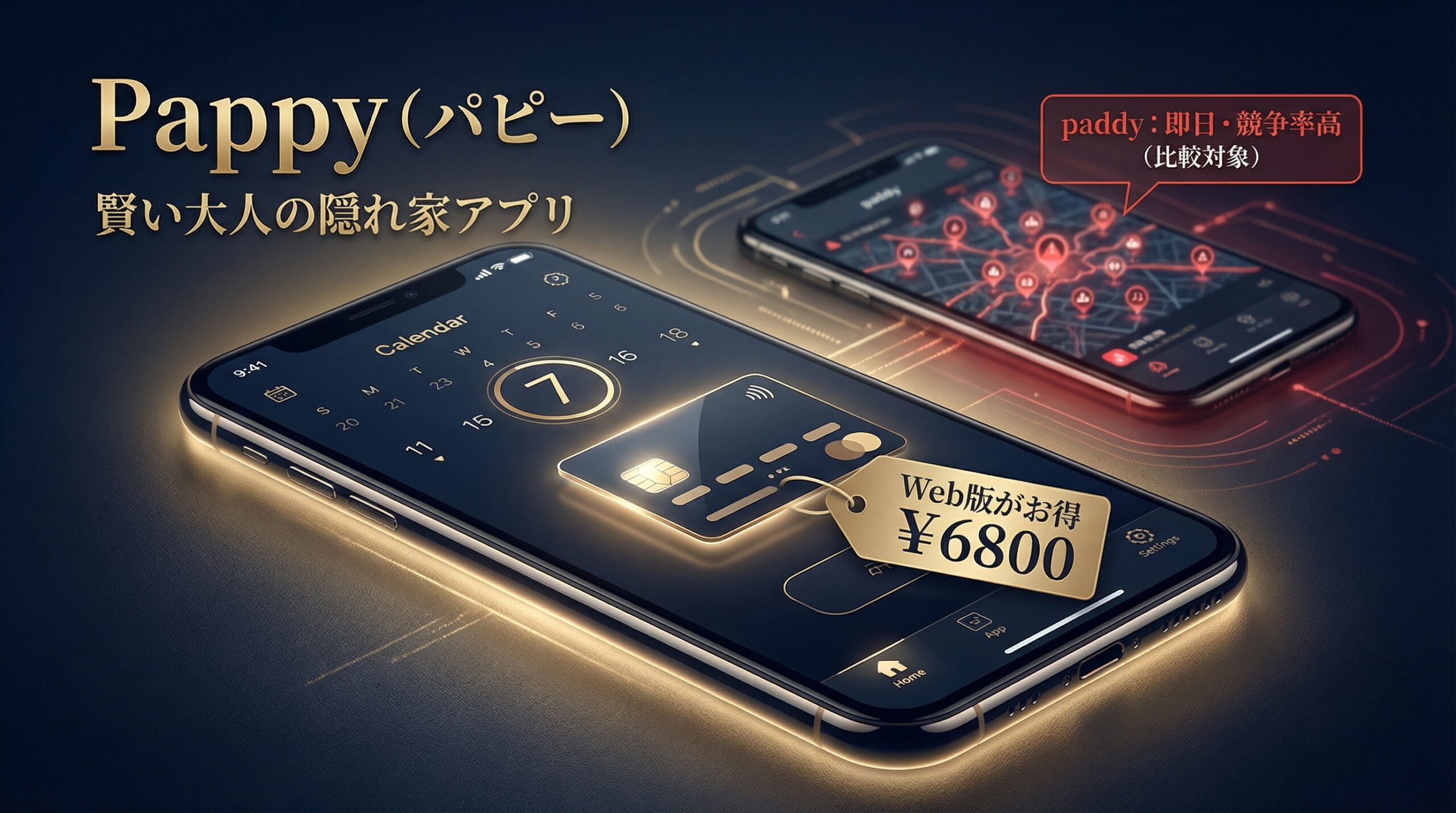 「paddy」の即日・競争率の高さと対比させ、「Pappy」のWeb版のお得さと計画的な出会いを賢い選択肢として強調するアイキャッチ画像。