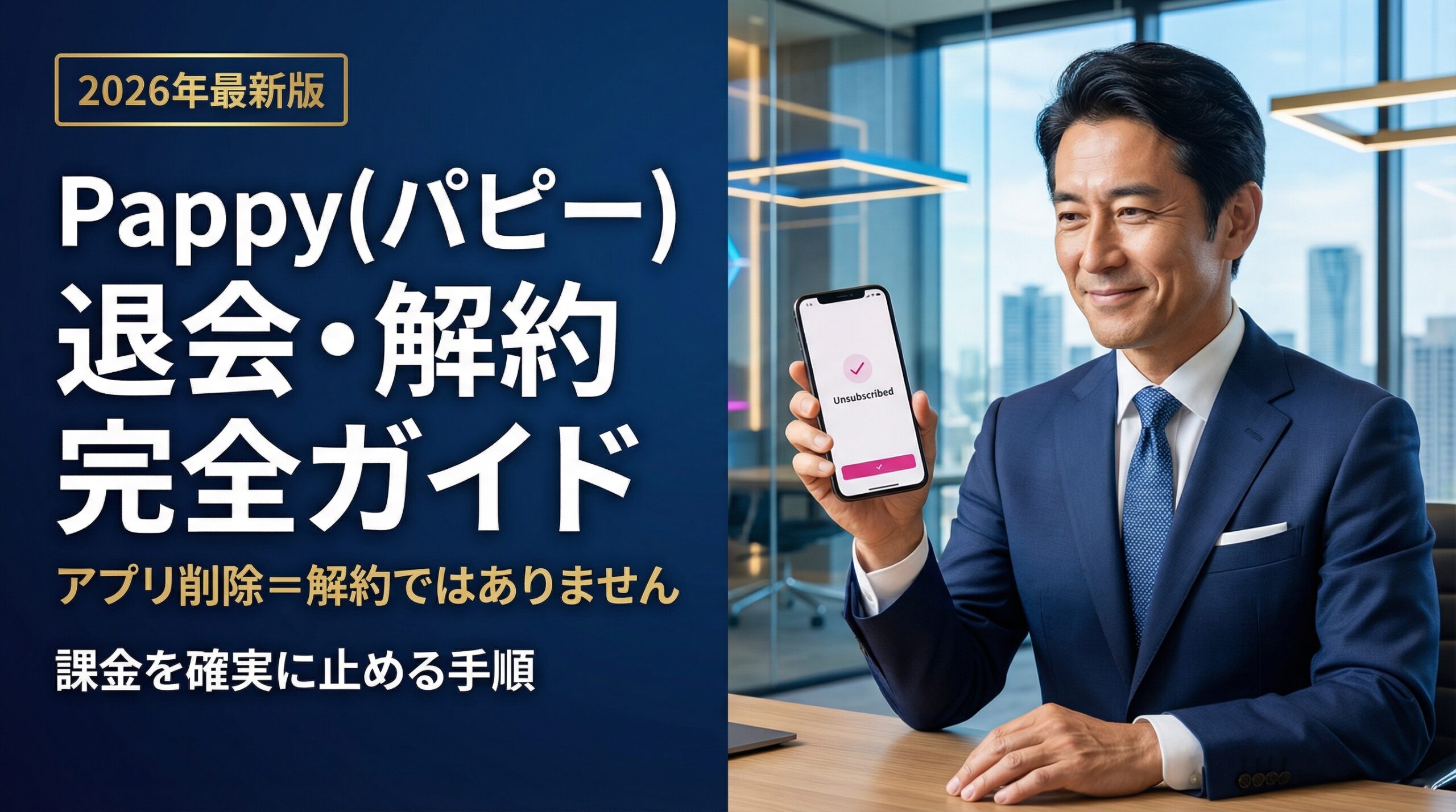 Pappy(パピー)の退会・解約方法完全ガイド。ビジネスマン向けにアプリ削除の注意点と正しい課金停止手順を解説したサムネイル。