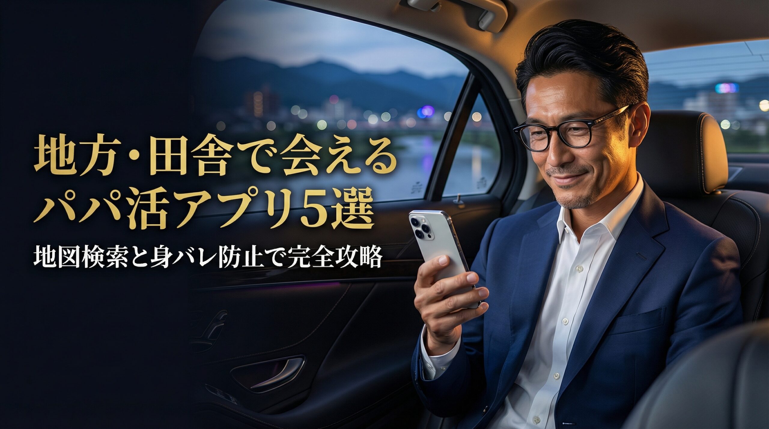 地方や田舎でのパパ活アプリ攻略。地図検索や身バレ防止機能を活用し、地方都市で女性と出会う富裕層男性のイメージ。