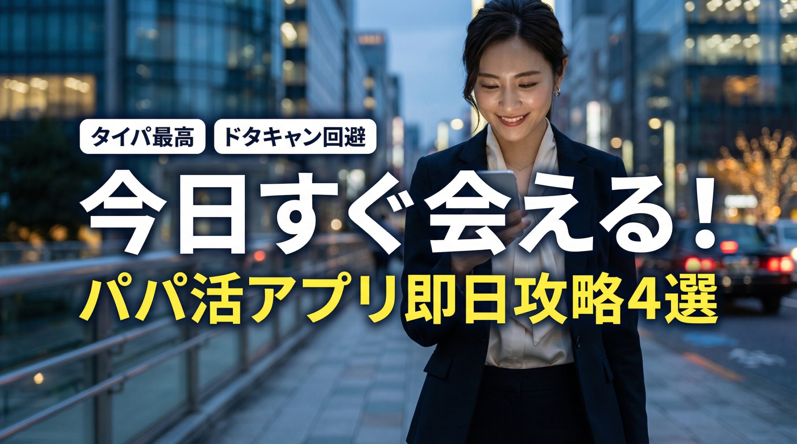 今日すぐ会えるパパ活アプリ4選（ペイターズ、ラブアン、Pappy、PJ）の即日攻略法を解説するアイキャッチ画像