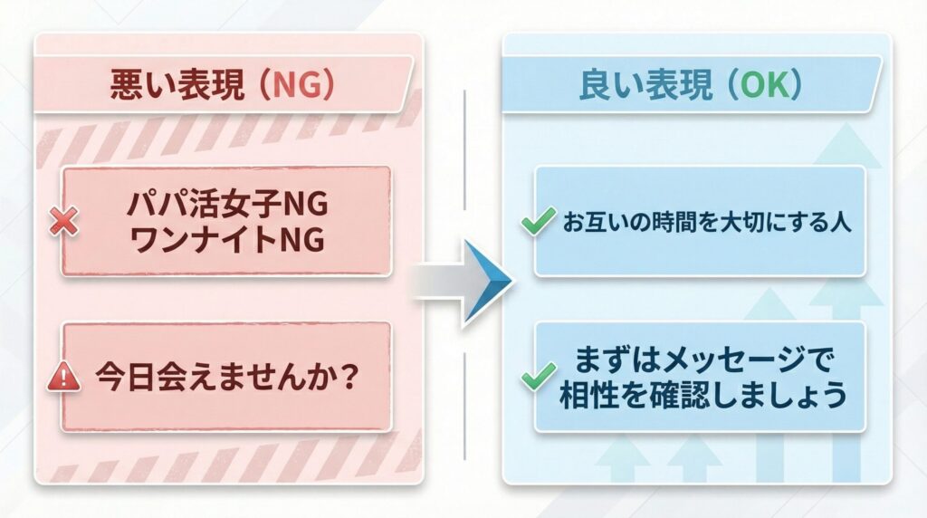 ラブアンの自己紹介文におけるNGワードと言い換え例のリスト。「茶飯お断り」などのネガティブ表現を、ポジティブな言葉に変換して印象を良くするテクニック。