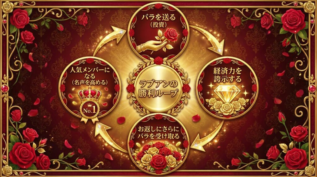 ラブアンのバラ機能を使った権威性向上のループ図。バラを送ることで経済力をアピールし、返礼としてバラが増え、プロフィールが人気会員化する好循環の仕組み。