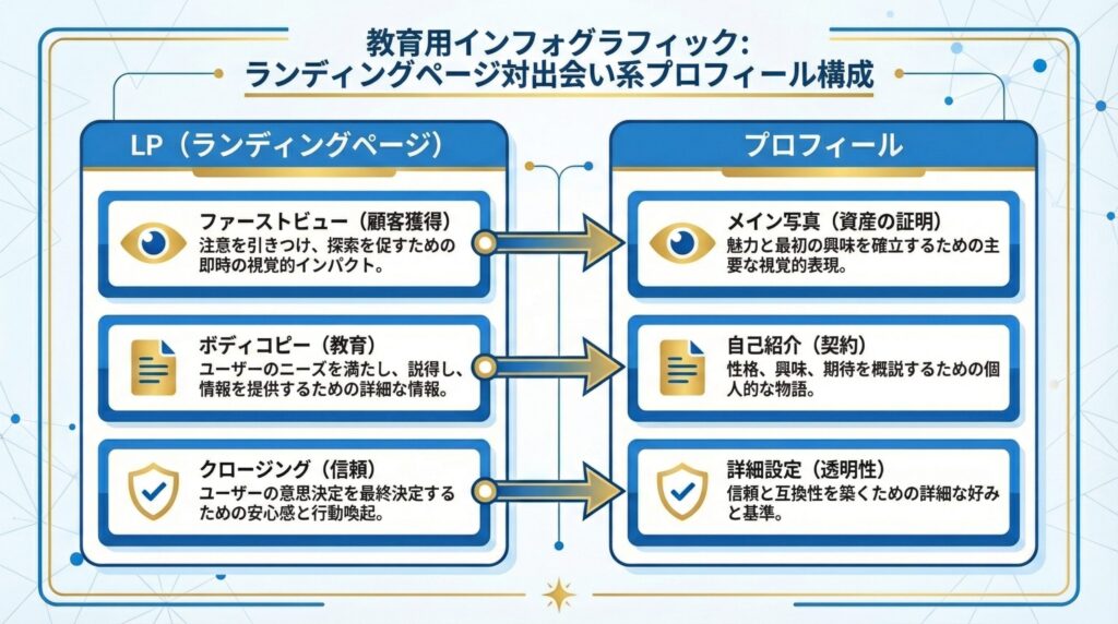ラブアンのプロフィール作成におけるLP構造の比較図。メイン写真をファーストビュー、自己紹介文をボディコピー、詳細設定をクロージングに見立てた戦略図。