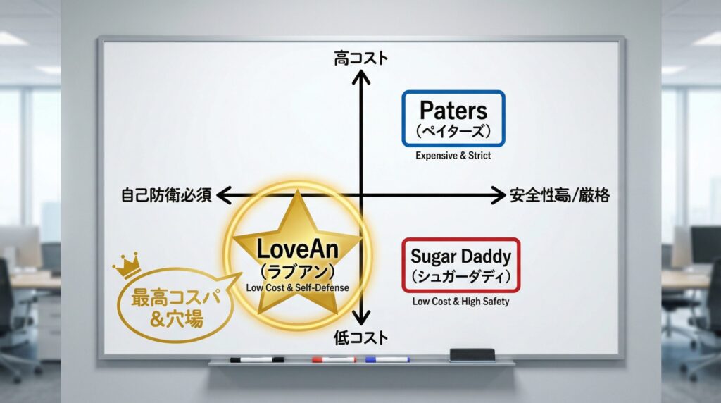ラブアン、ペイターズ、シュガーダディの料金と安全性を比較したポジショニングマップ