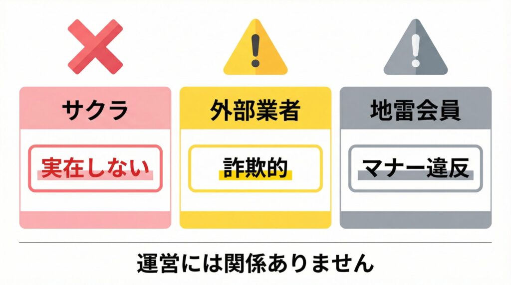 ラブアンにおけるサクラ不在の事実と外部業者・要注意人物（地雷）の違いを比較した図
