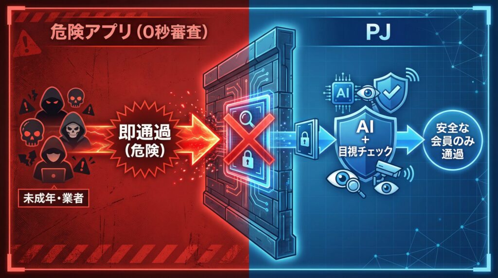 PJの年齢確認審査が安全な理由の図解。即時承認される危険なアプリと異なり、AIと有人監視のダブルチェックで業者や未成年を排除する仕組み。