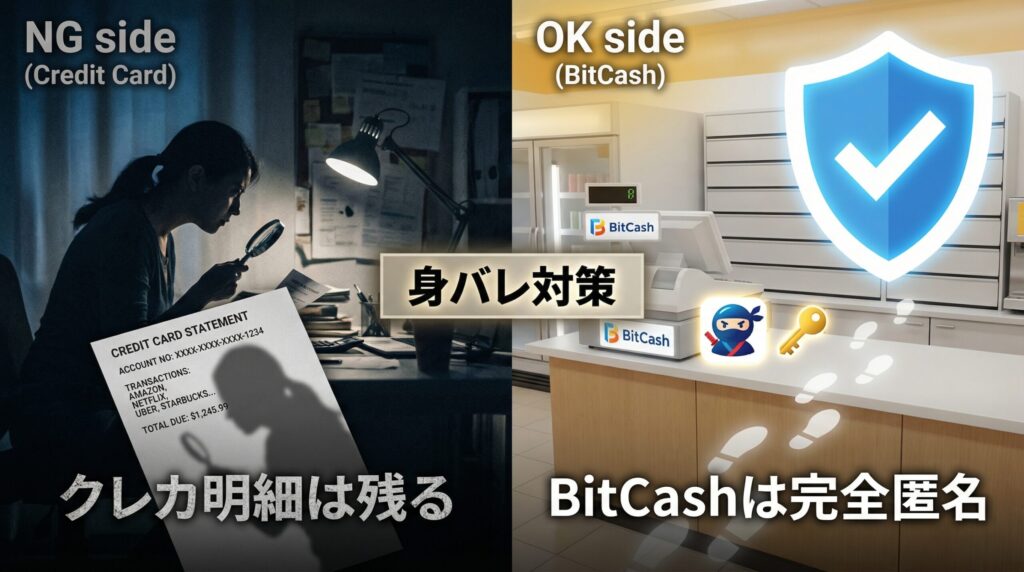 ラブアンの料金支払いで身バレを防ぐBitCash決済の仕組み。クレジットカード明細のリスクとBitCashの匿名性を比較。