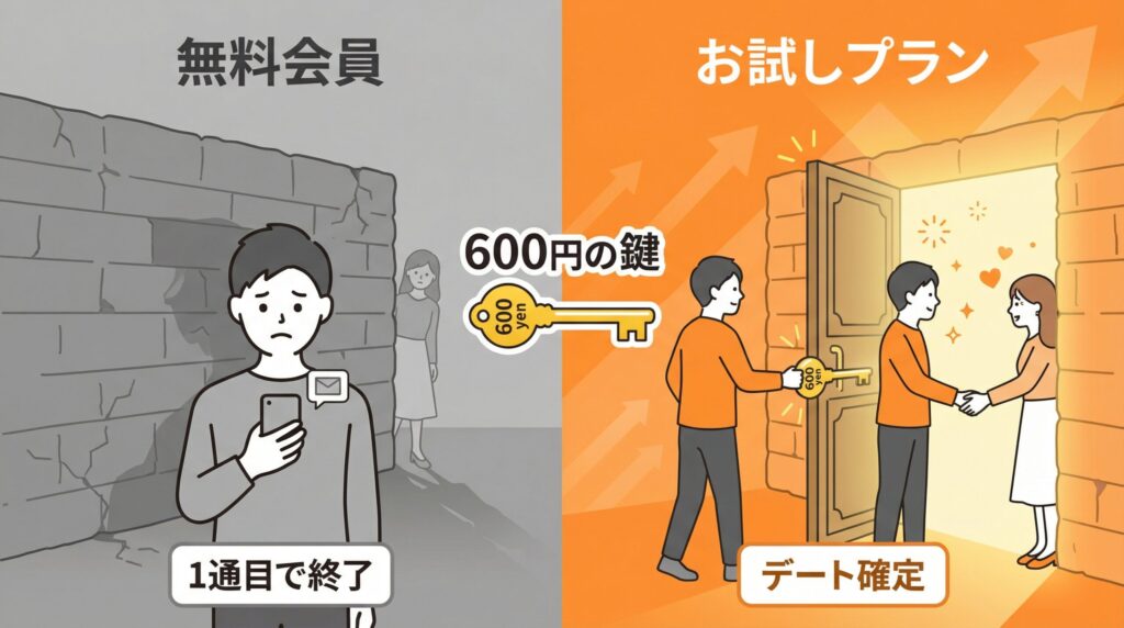 ラブアン無料会員とお試しプランの違いを図解。無料ではメッセージ1通目で終わるが、お試しプランならデートまで到達できるフロー比較。