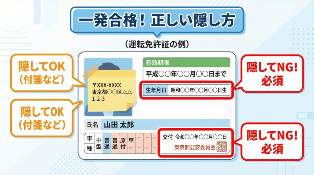 PJの年齢確認における運転免許証の正しいマスキング方法。生年月日と発行元は必須表示とし、顔写真と住所は付箋で隠して良いことを示す解説図。