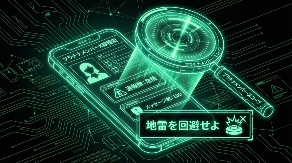 ラブアンのプラチナ会員機能による地雷パパ活女子の回避イメージ。被通報数やメッセージ人数が見える透視メガネのイラスト。