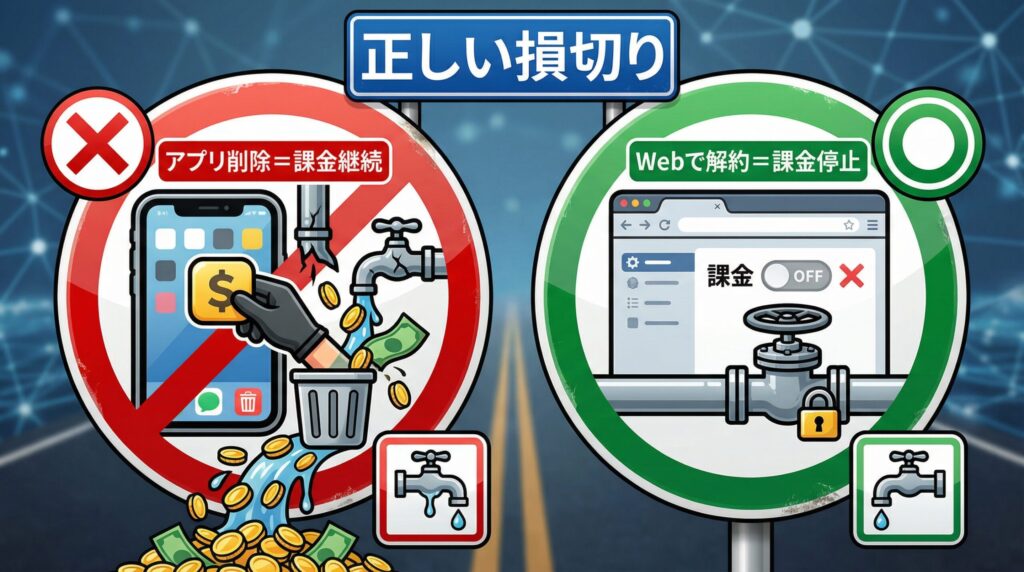 ラブアンの有料会員解約と自動更新停止の正しい手順。アプリ削除だけでは課金が止まらない注意喚起の図。