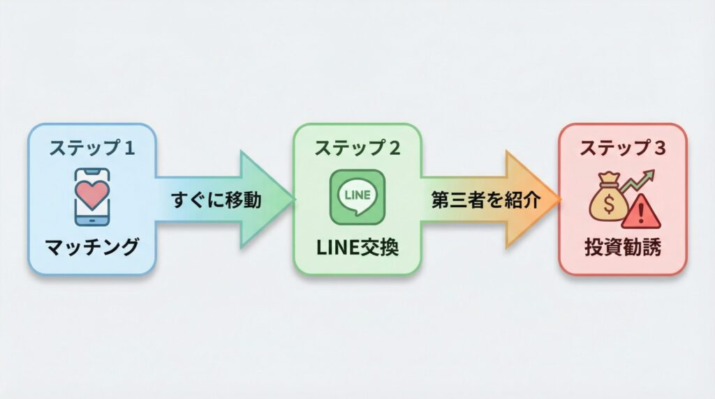 ラブアンのマッチングからLINE移行を経て投資詐欺に勧誘されるまでの手口フローチャート