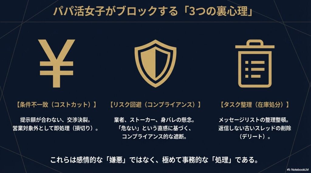 パパ活女子がブロックする3つの理由。条件不一致、リスク回避、整理整頓の心理フローチャート。