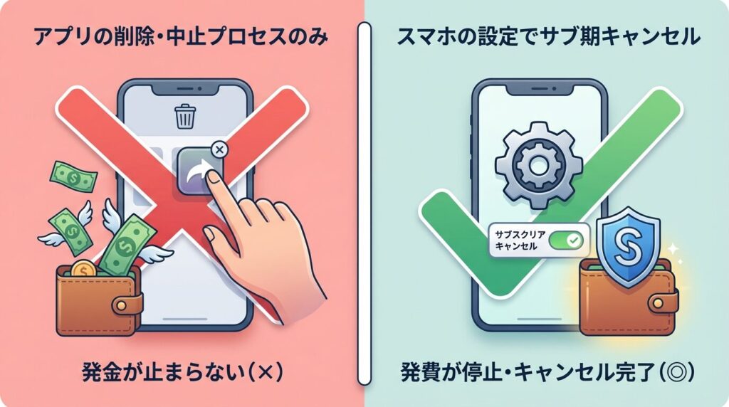 ラブアン退会時の課金トラブル図解。アプリ削除だけでは自動更新が止まらない仕組み