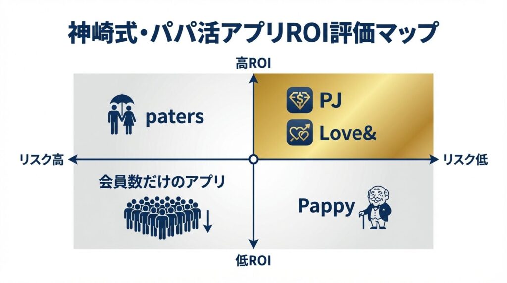神崎式パパ活アプリROI評価マップ2026。会員数重視から機能重視へのシフト。