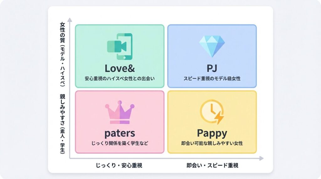 30代男性向けパパ活アプリ4選のポジショニングマップ比較図。縦軸に女性の質、横軸に出会いやすさをとり、Pappy、Love&、PJ、ペイターズの特徴を分類