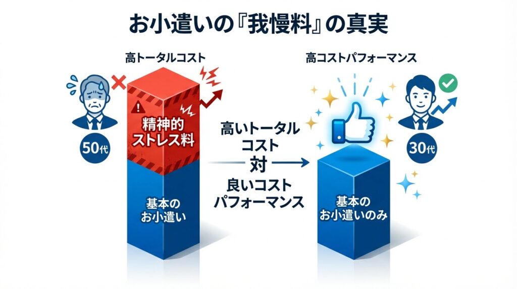 パパ活お手当に含まれる精神的苦痛料と30代割引の仕組み解説図。30代は我慢料が不要なため、総額が安くても女性満足度が高いことを示すグラフ