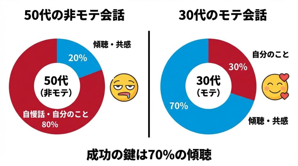 パパ活デートにおける会話比率の黄金比図解。50代は自分語り8割だが、モテる30代は聞き役7割に徹することで女性満足度を高める 