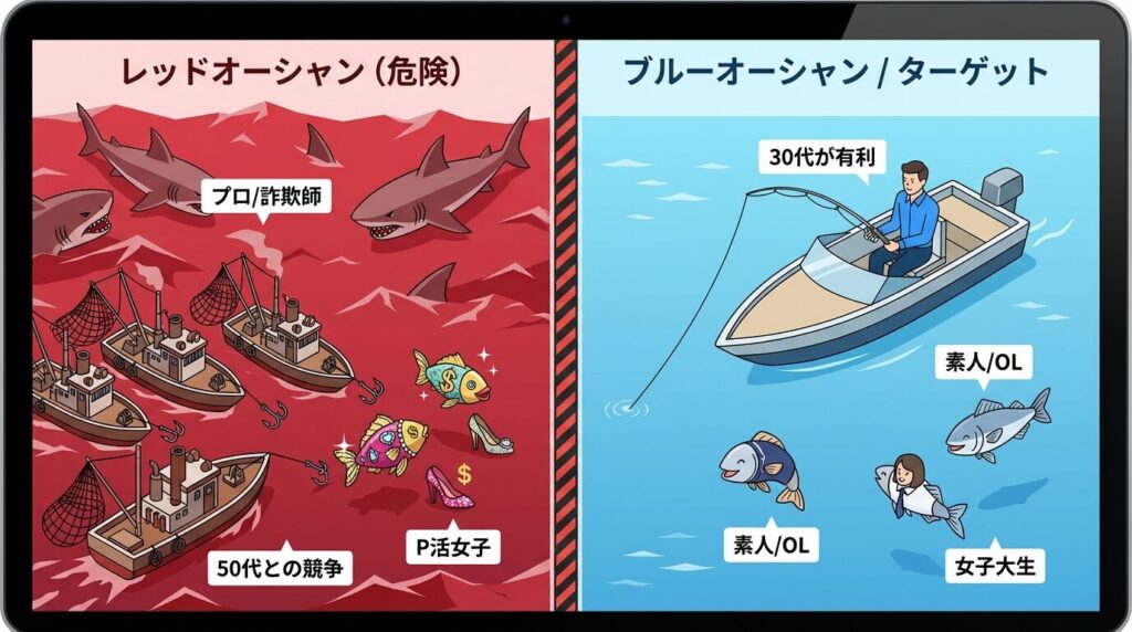 30代男性が狙うべきパパ活女子のターゲット図。プロや業者の多いレッドオーシャンを避け、素人や女子大生の多いブルーオーシャンを狙う戦略