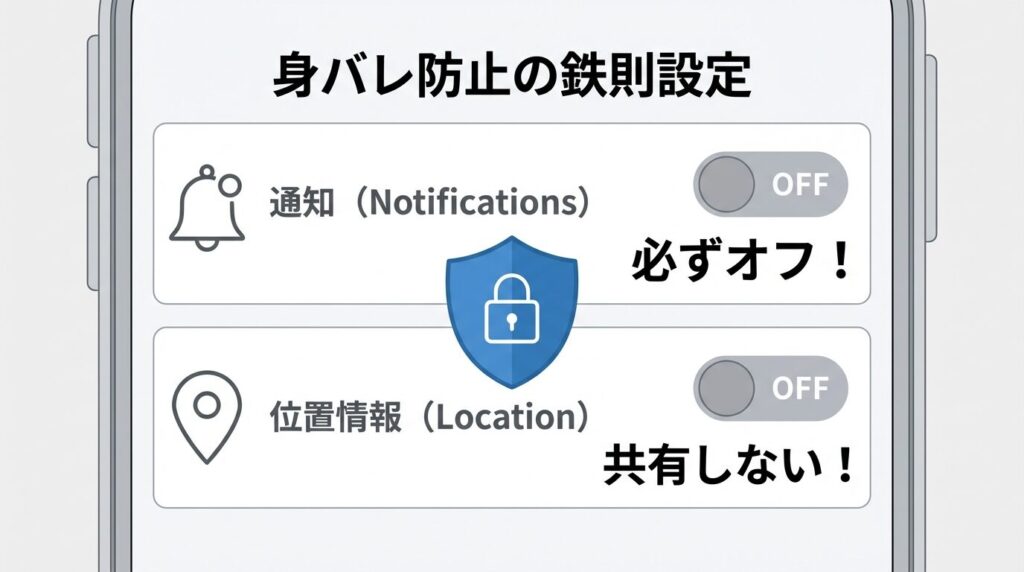 パパ活アプリの身バレ防止設定の図解。スマホの通知設定と位置情報共有を必ずオフにする手順を示すイラスト