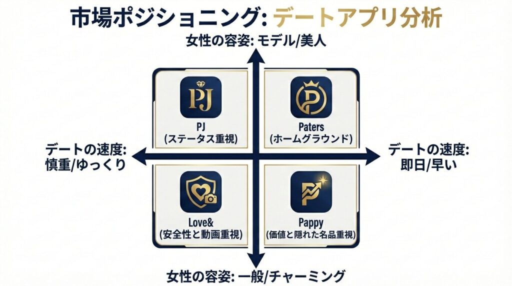 40代男性向けパパ活アプリ4選の比較チャート（ペイターズ、PJ、ラブアン、Pappy）。出会いのスピードと女性のルックスレベルの相関図。