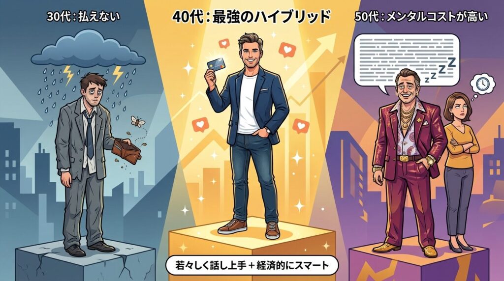 2026年のパパ活市場における40代男性の優位性を示す図解。30代の金銭的余裕のなさと50代の精神的コストの高さを比較し、40代がベストバランスであることを表現。 