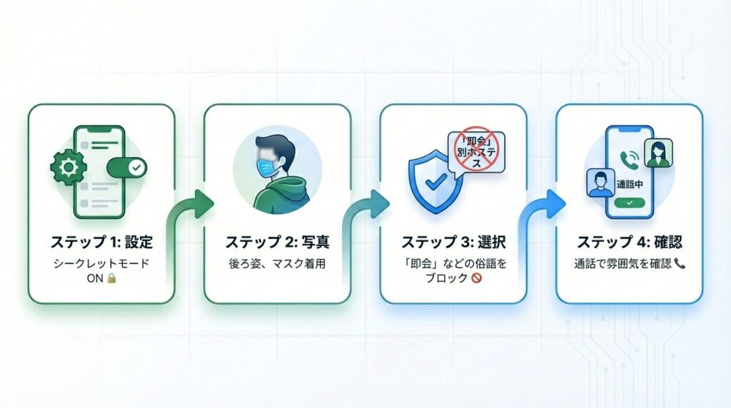 パパ活アプリで身バレと業者を防ぐための安全対策フローチャート。シークレットモードの設定から相手の見極めまでの手順。