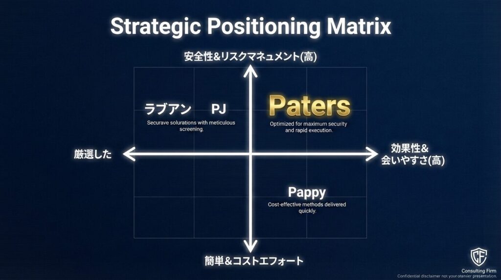 50代男性向けパパ活アプリ4社のポジショニングマップ。「安全性・リスク管理」を縦軸、「即効性・会いやすさ」を横軸にとり、ペイターズ、PJ、ラブアン、Pappyの立ち位置を示した分布図。