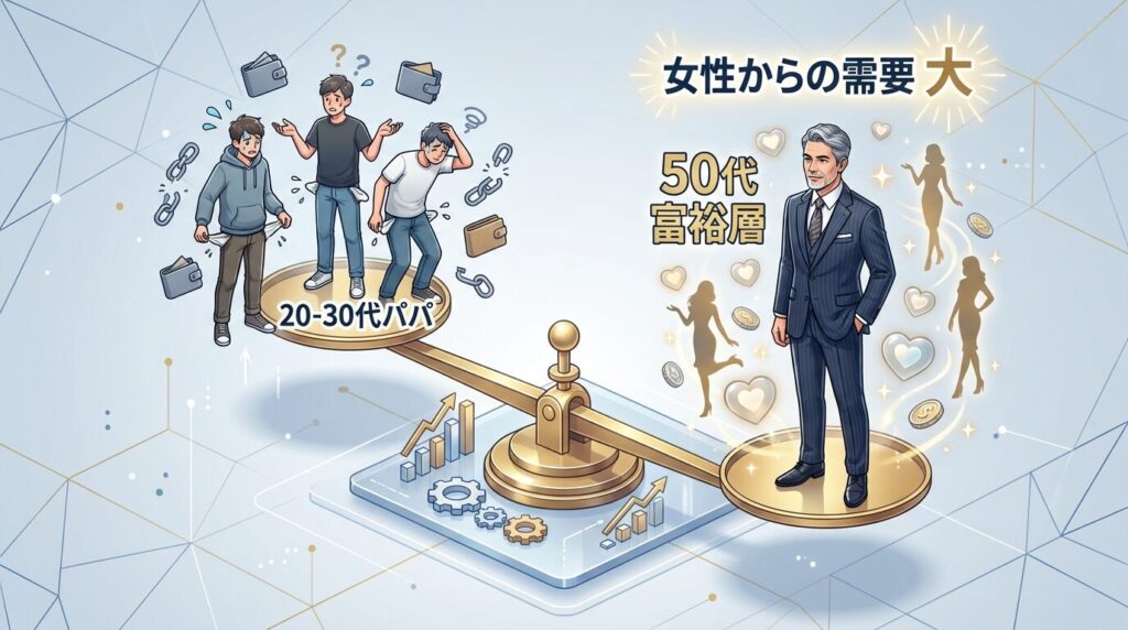 パパ活市場における需要のバランスを示す天秤のイラスト。片方には「お金のない若い男性」が軽くて浮いており、もう片方には「経済力のある50代男性」が重く、女性が集まっている様子。