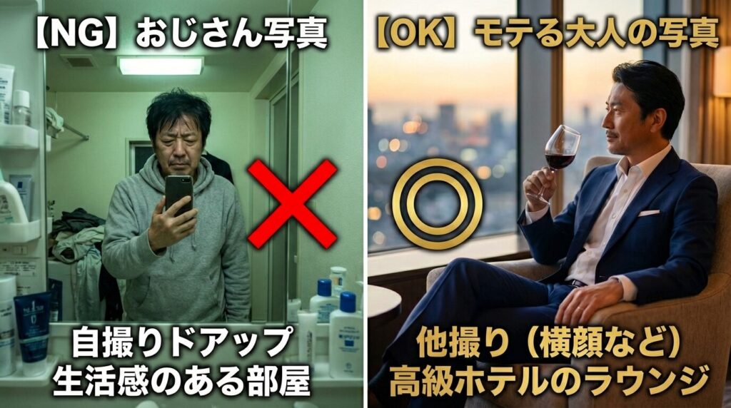 パパ活アプリのプロフィール写真のNG例とOK例の比較。左側は部屋で自撮りをするおじさん（NG）、右側はレストランで他撮りされたスーツ姿の男性（OK）。