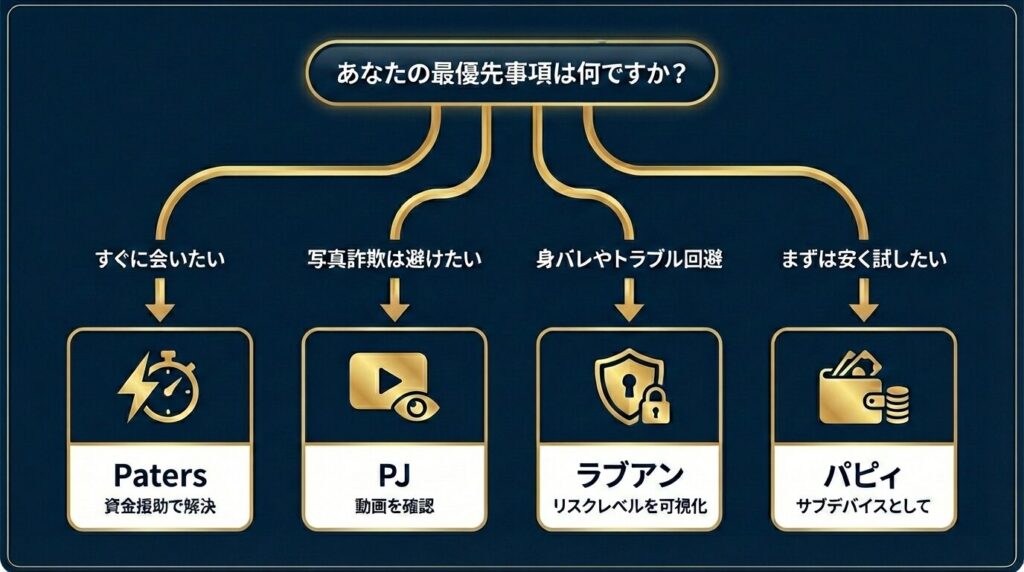 50代男性向けパパ活アプリ選び方フローチャート。目的（即日、安全性、容姿、コスト）に応じて、ペイターズ、PJ、ラブアン、Pappyのどれを選ぶべきかを判断する分岐図。