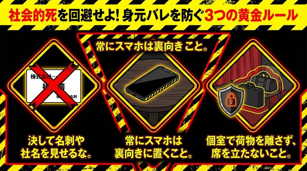 パパ活中の盗撮・晒し被害を防ぐための具体的な行動マニュアル。名刺管理、スマホの置き方、個室での注意点。