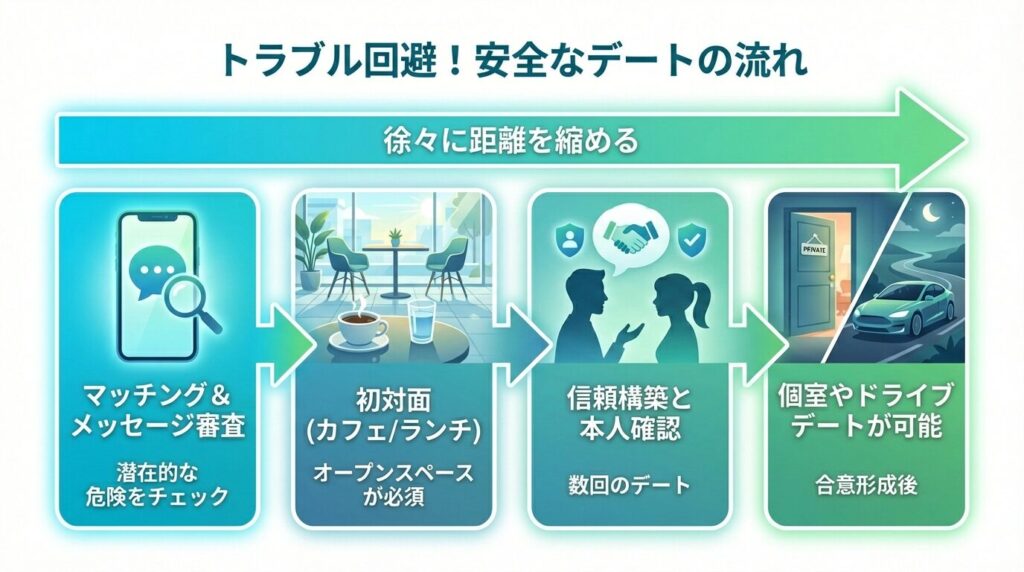 パパ活でトラブルを避けるためのデート場所の選び方とステップ。マッチングから個室デートへの安全な移行手順。