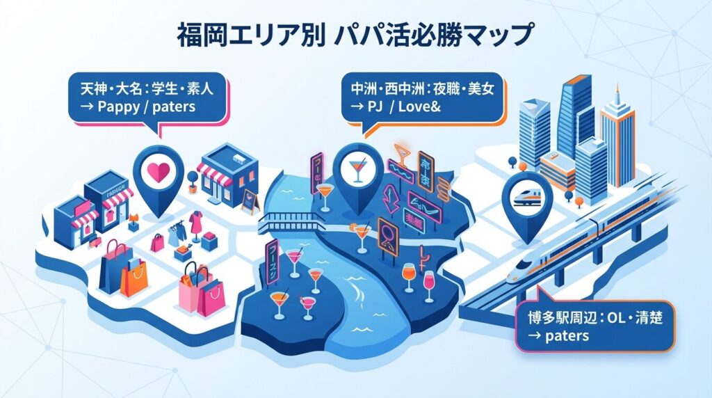 福岡市のエリア別パパ活攻略マップ。天神・大名エリアは学生が多い「Pappy」、中洲エリアは夜職が多い「PJ」、博多駅エリアはOLが多い「ペイターズ」と使い分けるための図解。