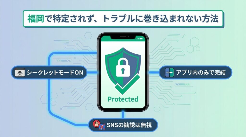 福岡での身バレを防ぐためのセキュリティ対策イメージ。スマートフォンの画面が盾で守られており、シークレットモードの活用やSNS募集の無視を推奨する図。