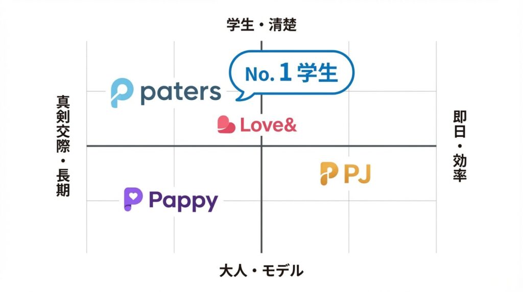 京都パパ活アプリの選び方マトリクス図。女子大生狙いならペイターズ、即会いならラブアン、美女ならPJ、穴場ならPappy。