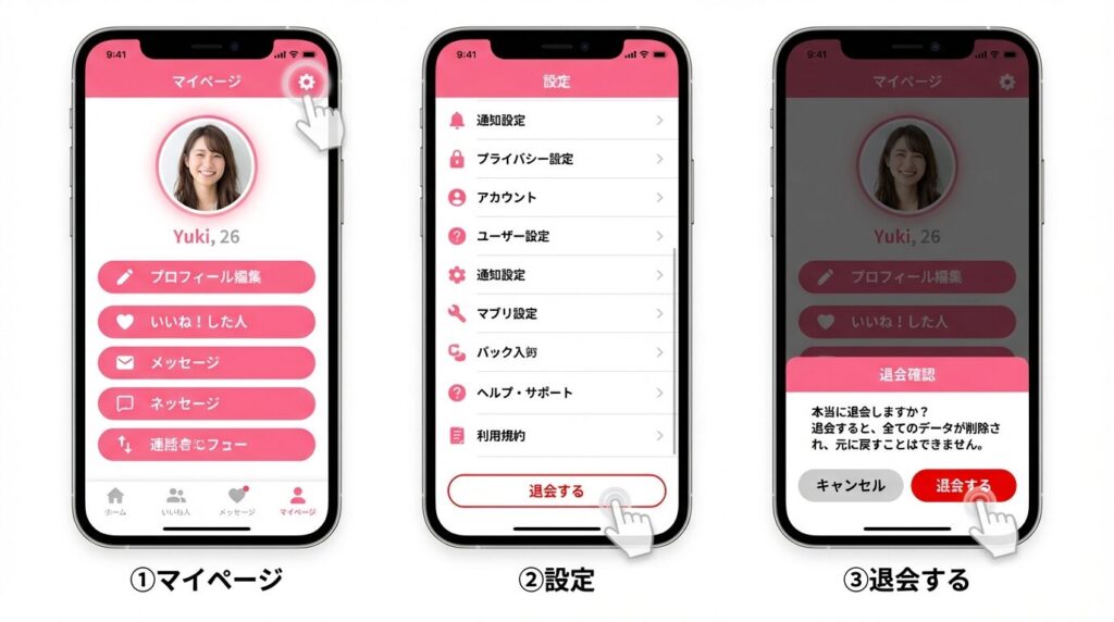 ラブアンの退会手順 マイページから設定画面へのフロー図
