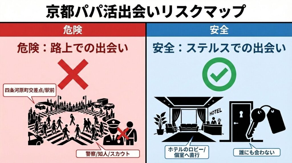 京都パパ活の待ち合わせ危険エリアと安全エリアの地図。四条河原町交差点は客引き禁止・身バレリスク大。ホテル内や個室は安全。