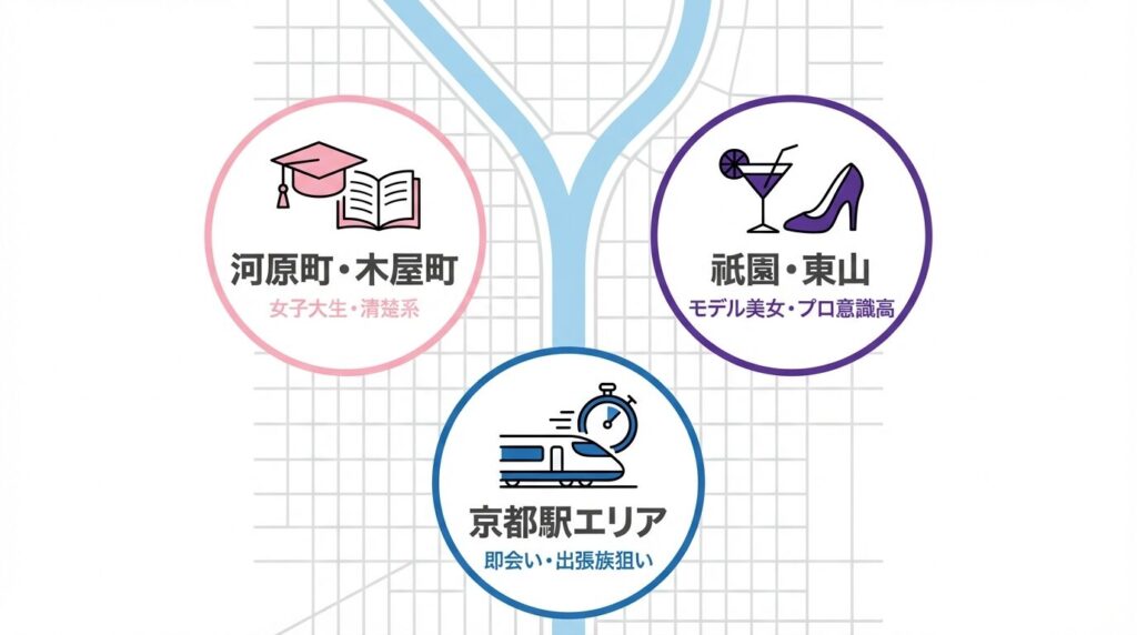 京都のエリア別パパ活女性の特徴分布図。河原町は女子大生、祇園はプロ・美女、京都駅は即会い・フットワークの軽い女性が多い。