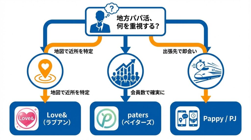 地方パパ活アプリの選び方フローチャート。「近所を地図で探すならラブアン」「会員数ならペイターズ」「出張・即会いならPappy・PJ」と目的別に分類した図。