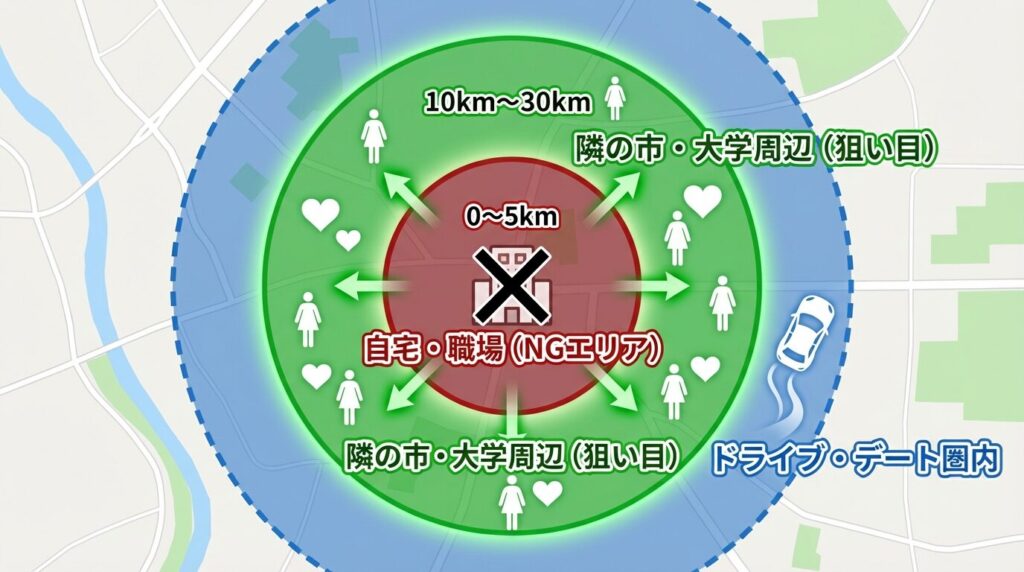 地方パパ活のエリア戦略図。自宅周辺5kmは検索除外、10km〜30km圏内をターゲット、高速1時間圏内をデートスポットとするドーナツ化現象の解説図。