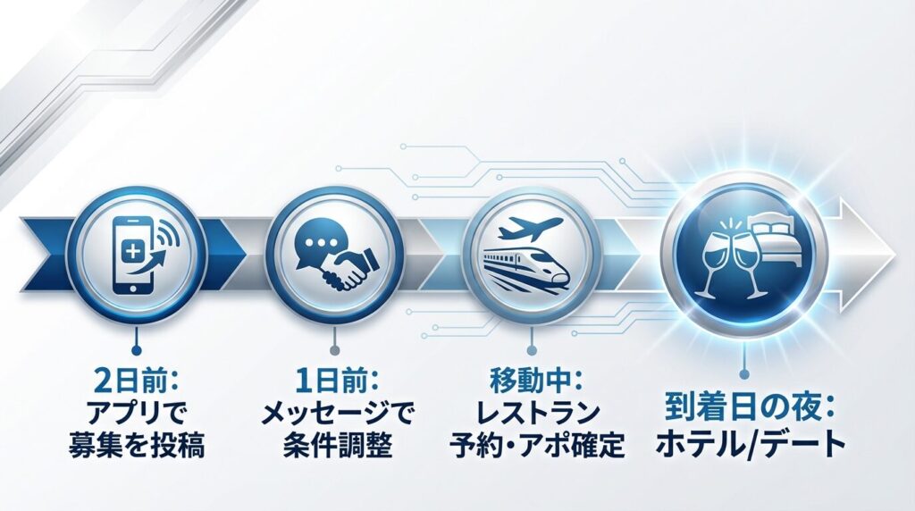 地方から出張する際のパパ活スケジュール表。2日前に募集、前日にアポ確定、移動中に店予約、到着日の夜にデートという流れを可視化。