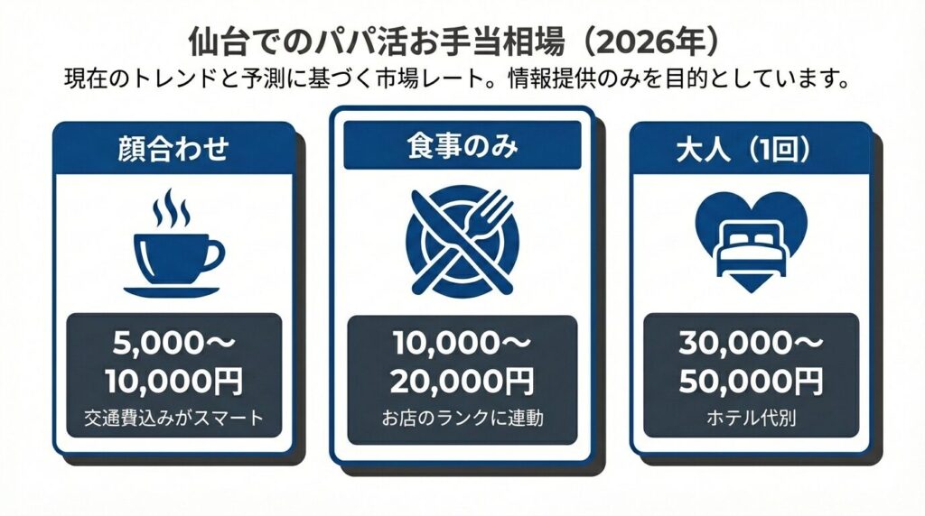 2026年版 仙台・国分町エリアのパパ活手当相場表。顔合わせ5千円〜1万円、食事1〜2万円、大人3〜5万円の目安一覧。