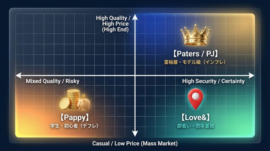 仙台パパ活アプリのポジショニングマップ。富裕層向けの「ペイターズ・PJ」と、コスパ重視の「Pappy」の二極化構造図。