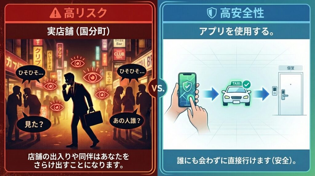仙台での身バレリスク比較図解。国分町の実店舗は目撃リスクが高く、アプリなら個室へ直行できるため安全性が高い仕組み。